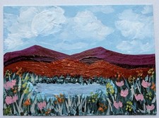 Dipinto originale ACEO paesaggio di montagna astratto 2,5”x3,5” Natasha Curry