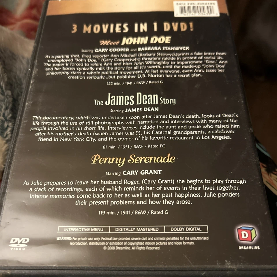3 Features DVD Meet John Doe James Dean Story & Penny Serenade Gary Cooper Grant - Image 2 of 3