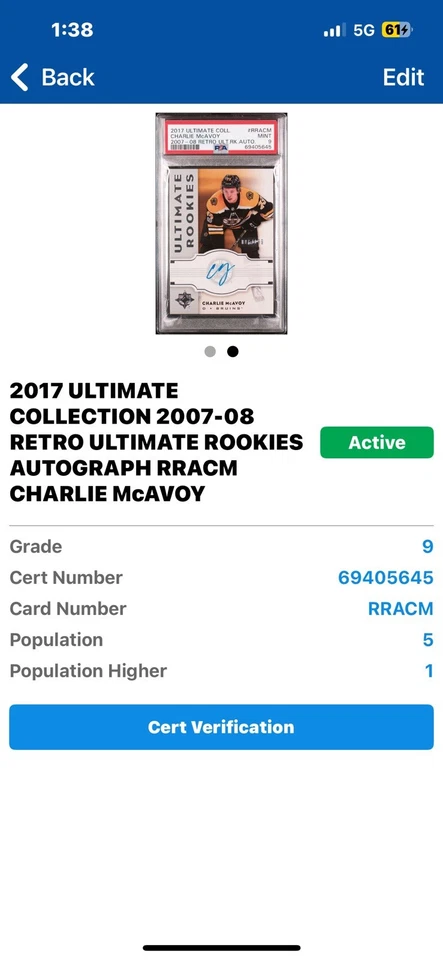 2017-18 Upper Deck Ultimate Charlie McAvoy Ultimate Rookie Auto /199 PSA 9 Pop=5 - Image 3 of 3