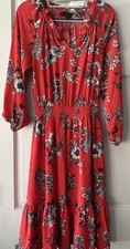TALBOTS Womens Dress Size XS Red Black Floral Dress Long Sleeve Midi Ruffle