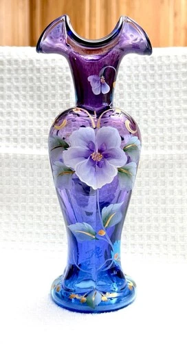 Hand Painted Fenton Evening Vine on Mulberry Blue and Purple Ombré Vase