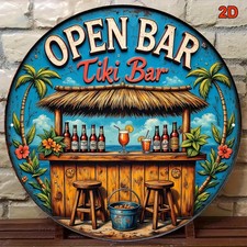 Flat Vintage Tropical Beach Tiki Bar Tin Metal Signs Home D cor 8x8 Inch Round