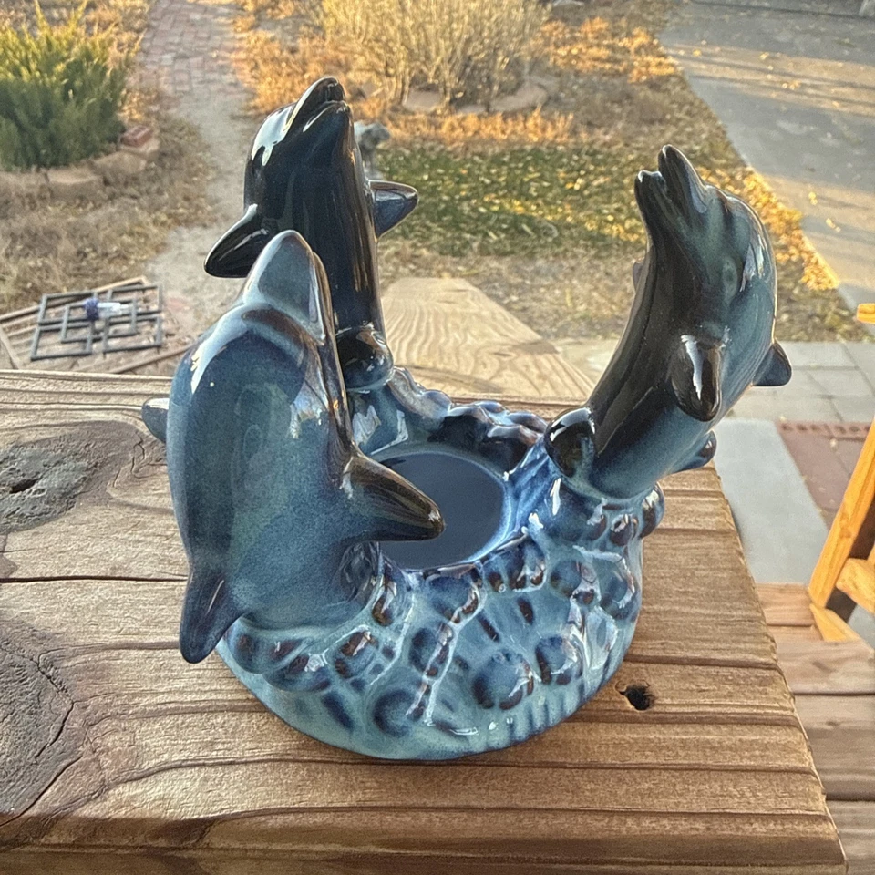 Castiçal de cerâmica esmalte azul três golfinhos tealight - Imagem 2 de 3