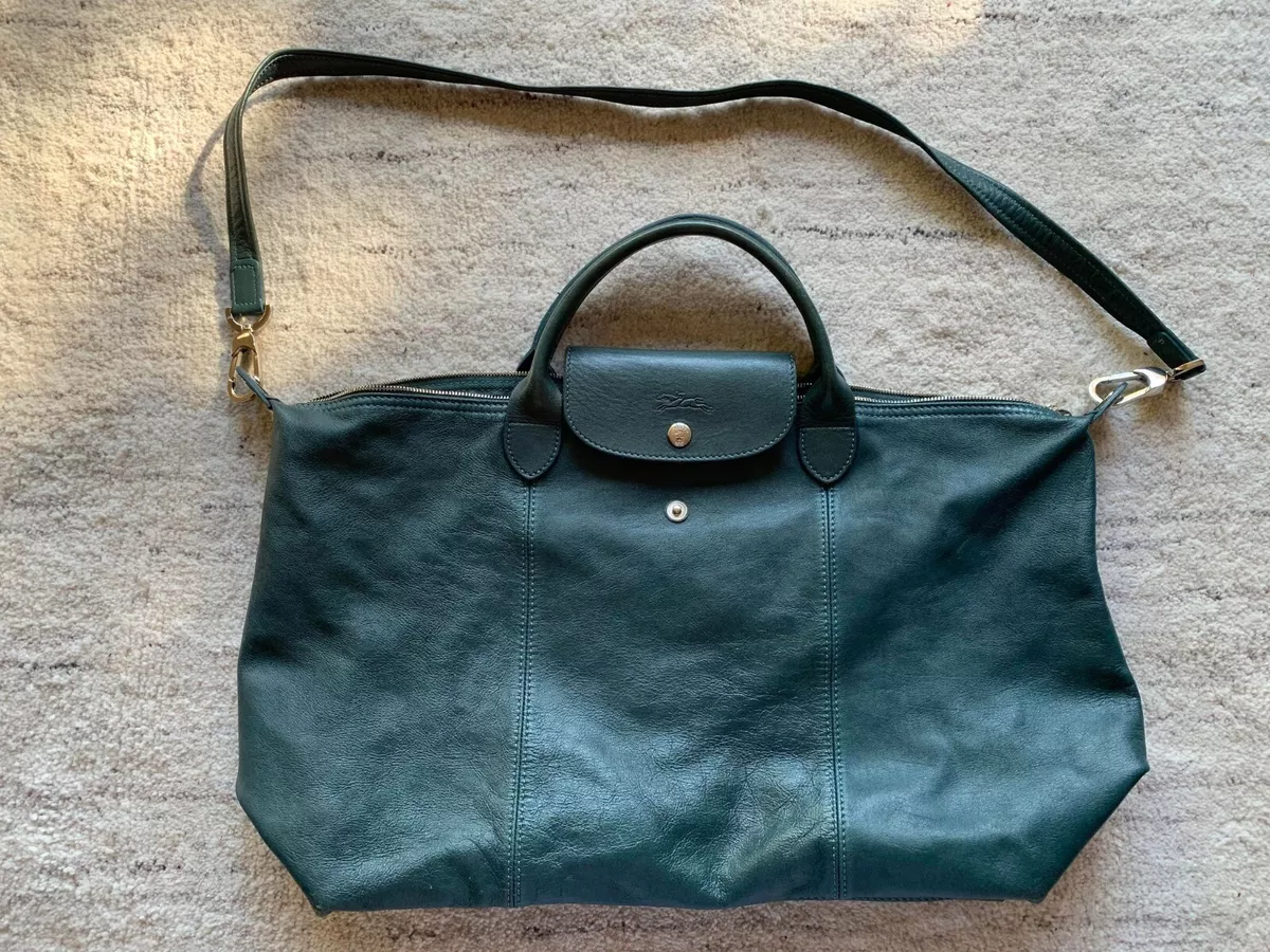 LONGCHAMP Le Pliage Cuir Leather Large Travel Crossbody Bag Green