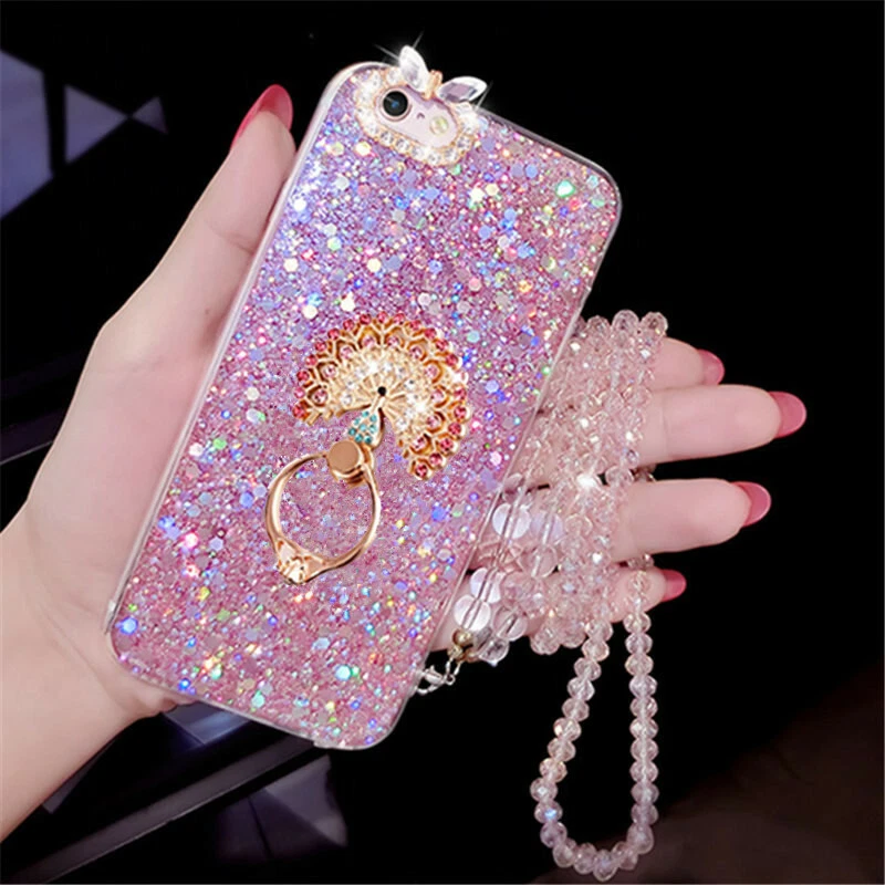 Funda protectora con soporte de anillo de diamantes de imitación brillante para varios teléfonos para mujer Foto 2 de 4