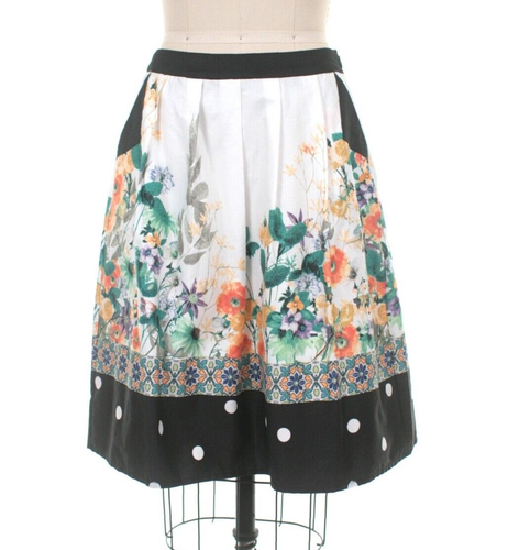 SAMPLE SALE S FROCK SHOP Retro Floral Polkadot Pleated Skirt w Pockets White - Picture 2 of 6