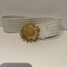 1980's Gold Tone -Metal Sunflower 3" Buckle - with White Stretch Woven Belt -S/M