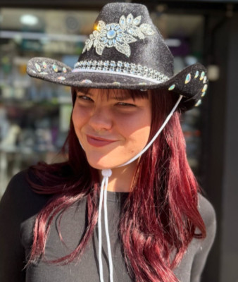 Deluxe schwarz Diamant Cowgirl Hut Festival Rave Strass Kostüm Accessoire