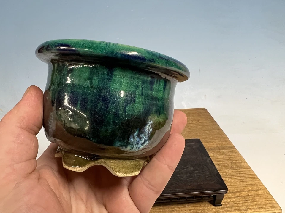 "Maceta de árbol bonsái esmaltada verde tamaño Shohin Fugushige Bushuan 4 1/4 por 3""" Foto 4 de 4