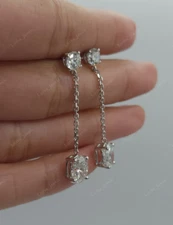 Solid 14k White Gold 3Ct Oval & Round Cut Moissanite Drop & Dangle Stud Earrings