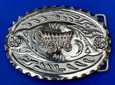 Ornate Vintage Silver Color Western Covered Wagon Headed Out West Belt Buckle
