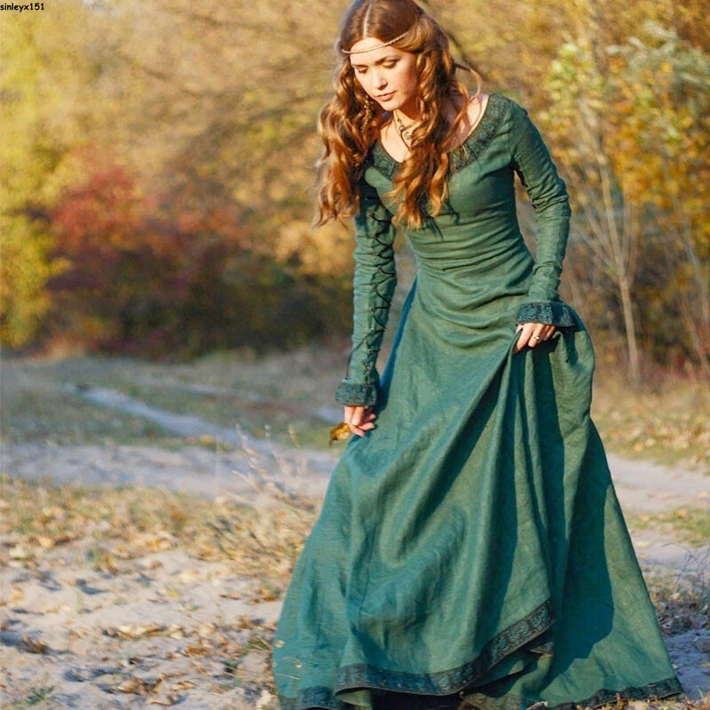 Medieval Renaissance Women's Retro Long Dress Long Sleeved Performance Costume - Image 4 of 4