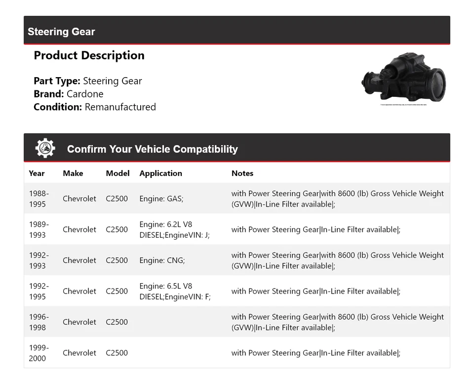 Para Chevrolet C2500 1988-2000 engranaje de dirección Cardone 1989 1990 1991 1992 1993 Foto 2 de 4