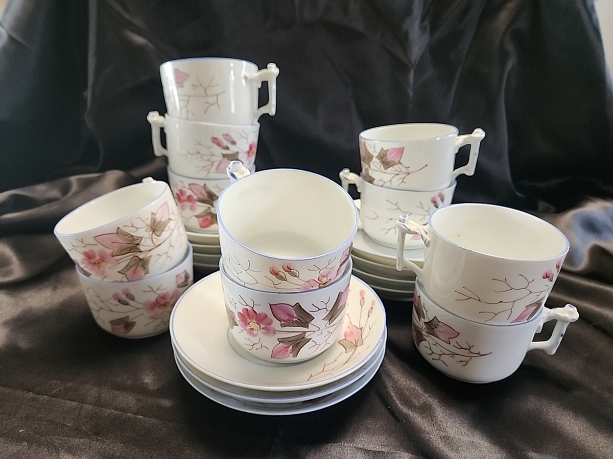 Antique B.S.M. China 1265 Pink Flora Tea Cup & Saucer Set Cherry