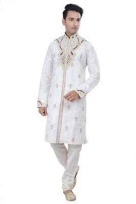 Ethnic Indian Off-White Designer Kurta Sherwani Men's 2pc Suit-Worldwide Postage