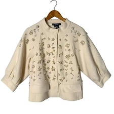 Per Se Carlisle Pearl Rhinestone Wool Jacket Womens 12 Cream Embellished FLAW