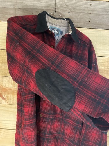 Vintage Woolrich USA Red Black Elbow Patch Wool Flannel Plaid Shirt Men’s Large - Picture 8 of 13