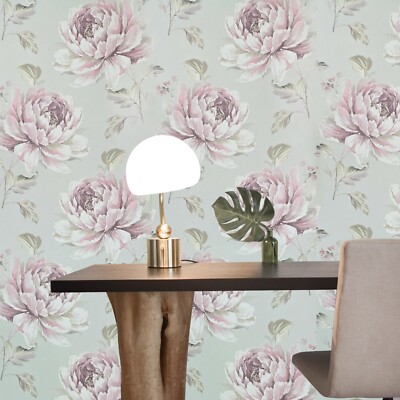 Gray metallic pink floral large peony blossom flowers Biedermeier wallpaper roll