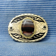 Classic Western Cowboy Dress Belt Buckle Rainbow Ribbon Agate Vtg 80s .GTA313