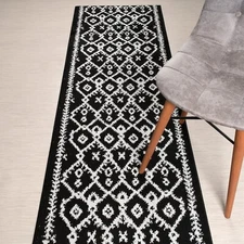 Custom Cut Washable Hallway  Runner Rug Non Slip Rubber Backing, Black & Silver