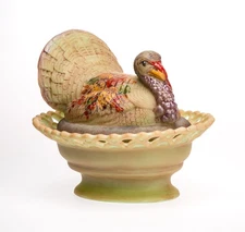 Mosser Glass USA Covered Turkey Candy or Trinket Basket Hand Painted Decorated
