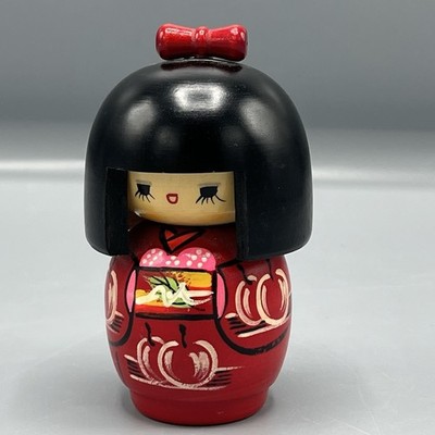 Japanese Kokeshi Style Wooden Doll 4 3/4  Red Black Bow Cherries Signed