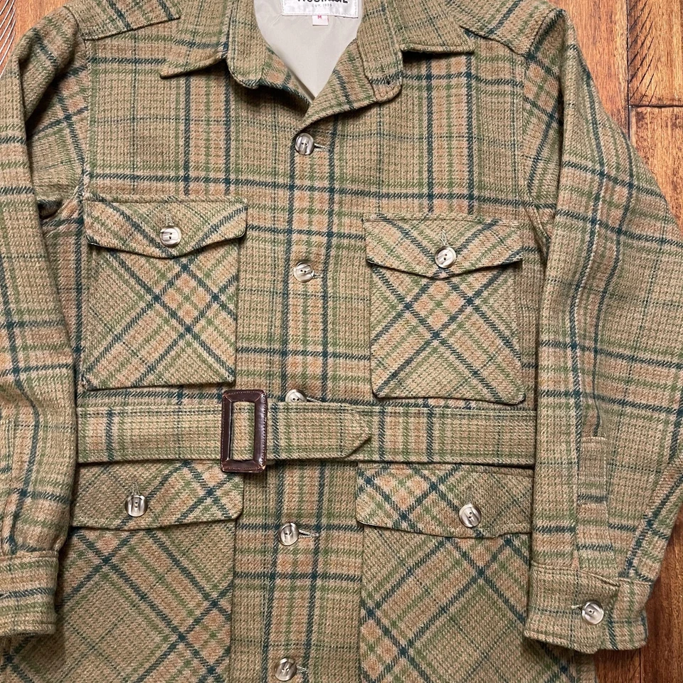 Woolrich Jacket Mens Medium Green Plaid Belted Field Hunting Cruiser Pockets - Image 3 of 4