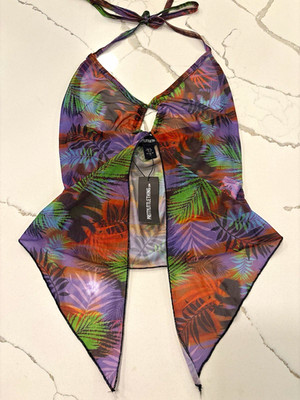 PrettyLittleThing Purple Tropical Floral Mesh Sheer Halter Tie Ring Crop Top 4