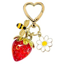 Cute Strawberry Keychain for Women, Kawaii Bag Charm with Bee and Daisy Flowe...