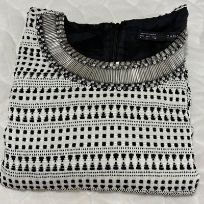 Zara Basic Dress Black White Beaded Neckline Short Sleeve A-Line Shift Mini -S