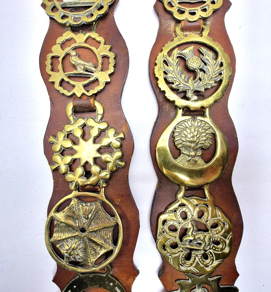 Pair Vintage Horse Brasses On Leather Martingale Display Straps Equestrian Decor - Image 3 of 4