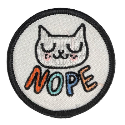 ''NOPE'' White Kitty Cat With Closed Eyes Pink Cheeks Round Iron On Patch