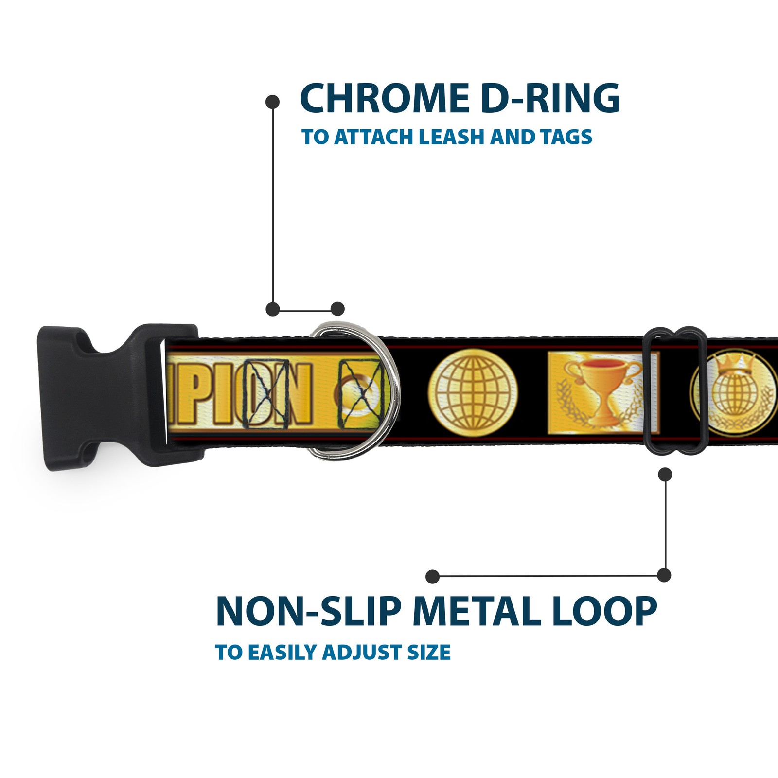 Plastic Clip Collar CHAMPION Belt/Icons Black/Golds Large 15-24"