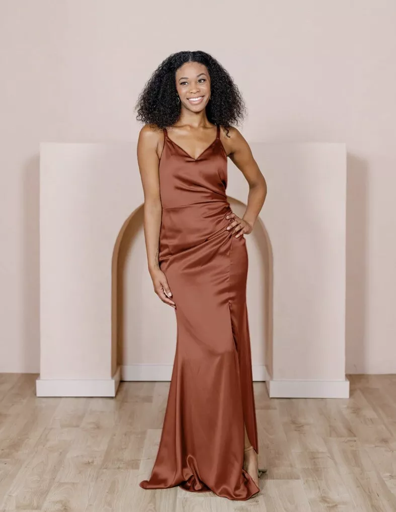 Revelry Rory Satin Fitted V Neck Maxi Bridesmaid Dress 4 Cinnamon