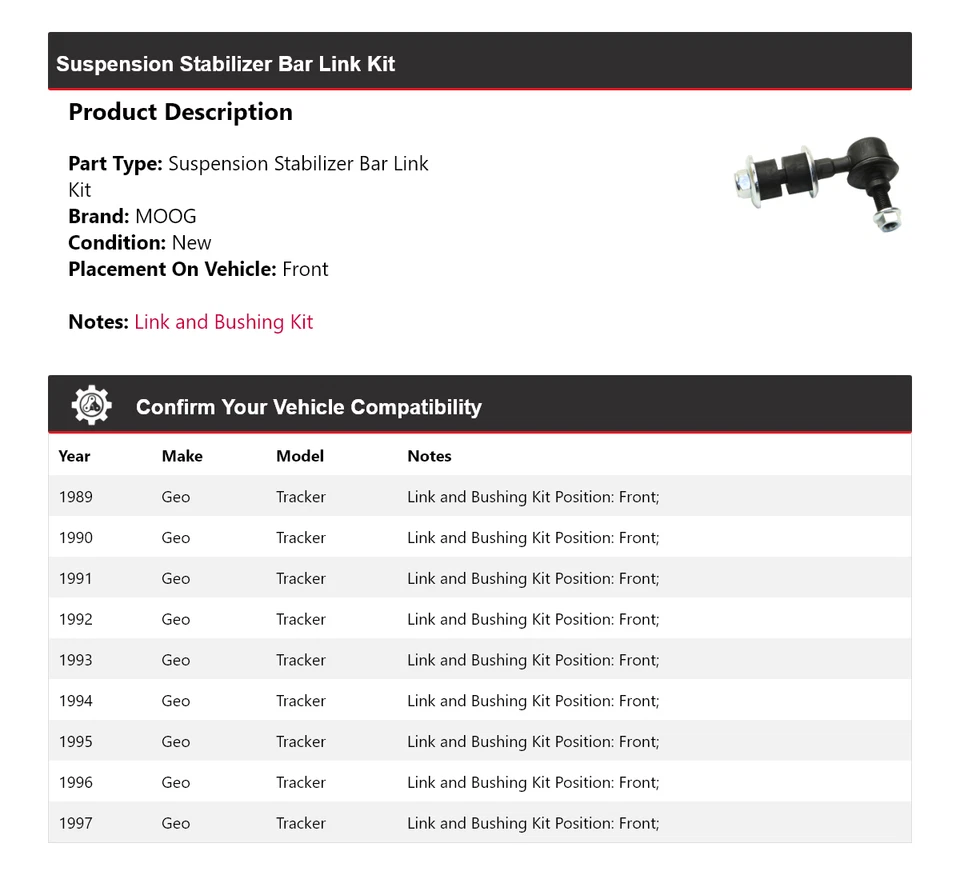 For 1989-1997 Geo Tracker Suspension Stabilizer Bar Link Kit Front MOOG 1989 - Image 2 of 4