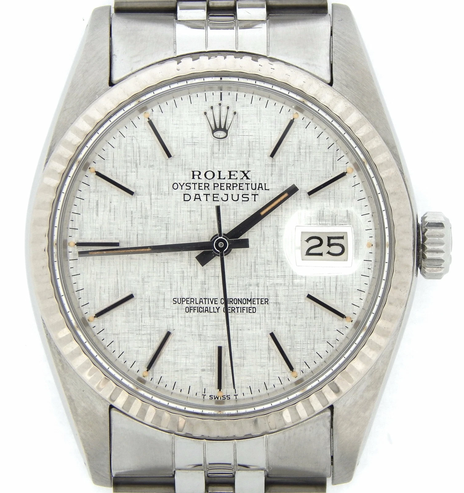 Rolex — Mens Rolex Datejust Stainless Steel 18K White Gold Watch Silver Linen Dial 16014