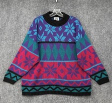 VINTAGE 80s 90s Retro Fair Isle Black Colorful Snowflake Sweater 18 Made In USA