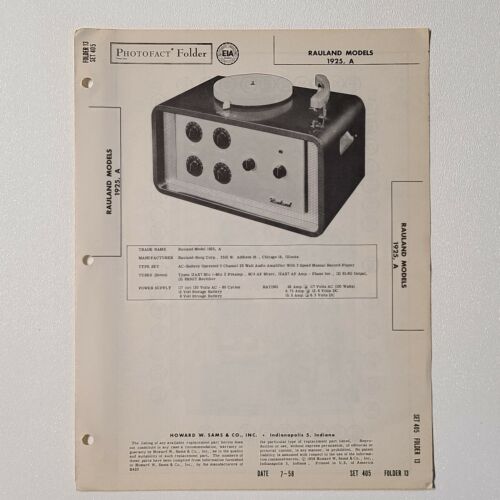 SAMS PHOTOFACT SERVICE MANUAL 405-13 RAULAND RECORD PLAYER 1925 A  - Picture 1 of 1