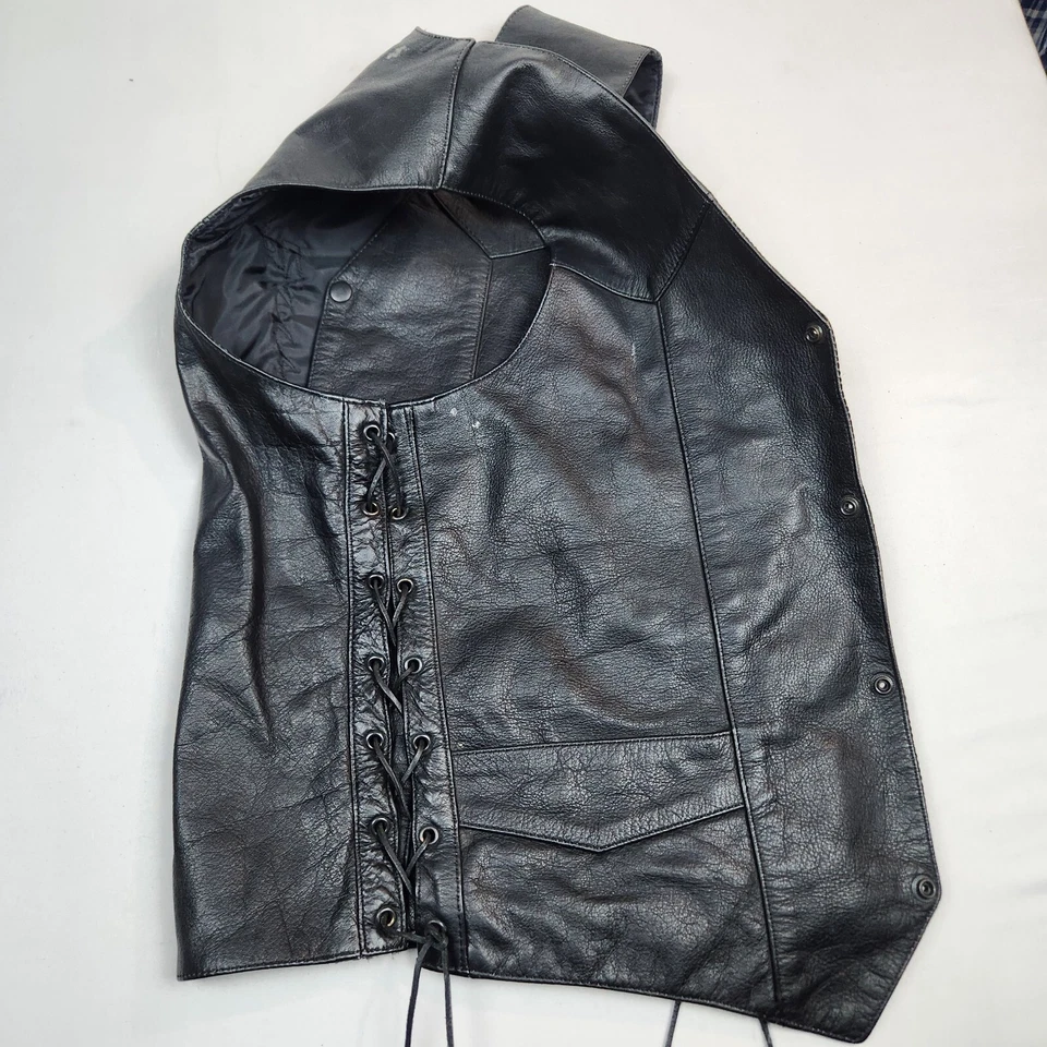 Chaleco de cuero All State para mujer 46 negro con cordones laterales de motociclista sin mangas frente a presión Foto 4 de 4