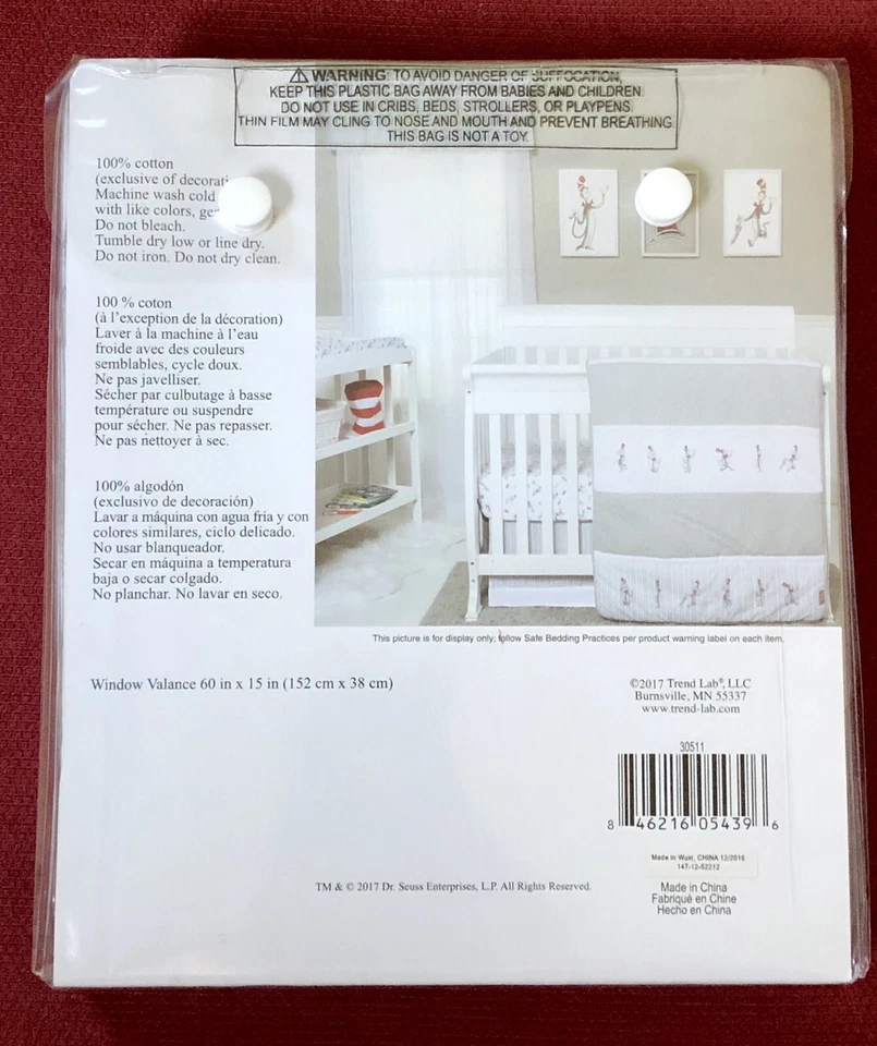 NWT Dr. Seuss Nursery THE CAT IN THE HAT Window Valance by Trend Lab Gray Stripe - Image 2 of 4