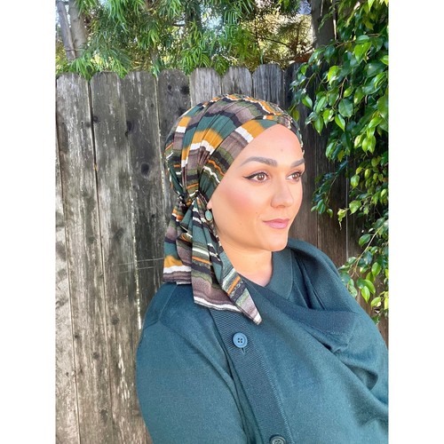 Women's Headwrap, Striped Delight, Green/Neutral Blend, Hijab Scarf, Tichel Lady - Picture 2 of 5