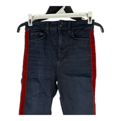 Zara Woman Premium Denim Skinny Jeans Navy With Red Side Stripe