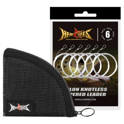 HERCULES Pre-Tied Loop Fly Fishing Leader Nylon 6 Pack W/ Tapered Leader Wallet