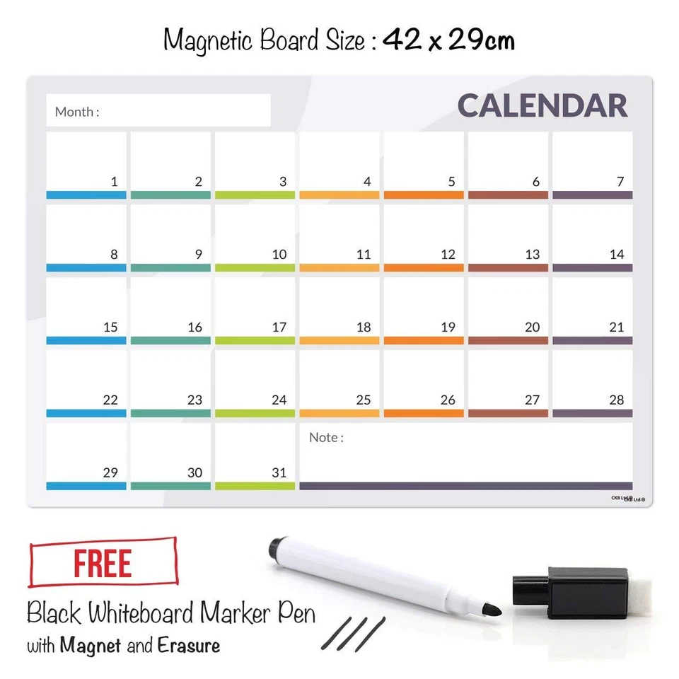 CALENDER Fridge Board Magnetic Pen Notice Memo Planner Whiteboard Large Monthly - Image 3 of 4