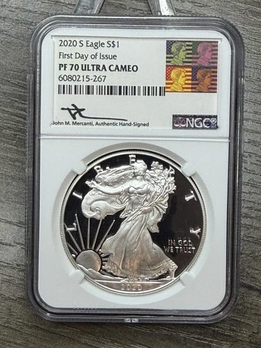 2020 S PF70 American Silver Eagle First Day of Issue NGC John M. Mercanti