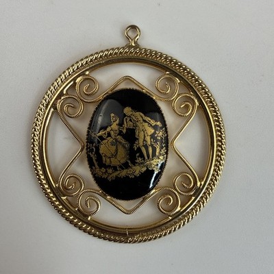 1950s Limoges Cameo Pendant Black & 22KT Gold Print Courting Couple Gold Tone 2''