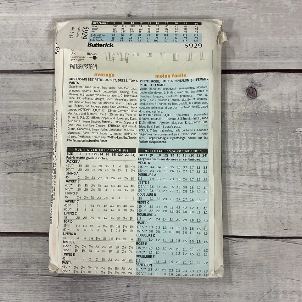 Butterick 5929 Sewing Pattern Dress Top Jacket Pants Wardrobe Size 14-18 UNCUT - Image 2 of 4