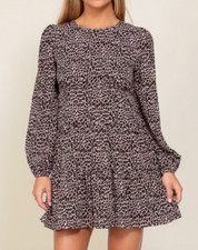 Lumiere Mini Dress NEW Ruffle Tiers Animal Print Long Sleeve Black Small