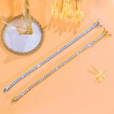 18k Gold Plated Cubic Zirconia Women 3mm Round Tennis Thin Chain Link Bracelet