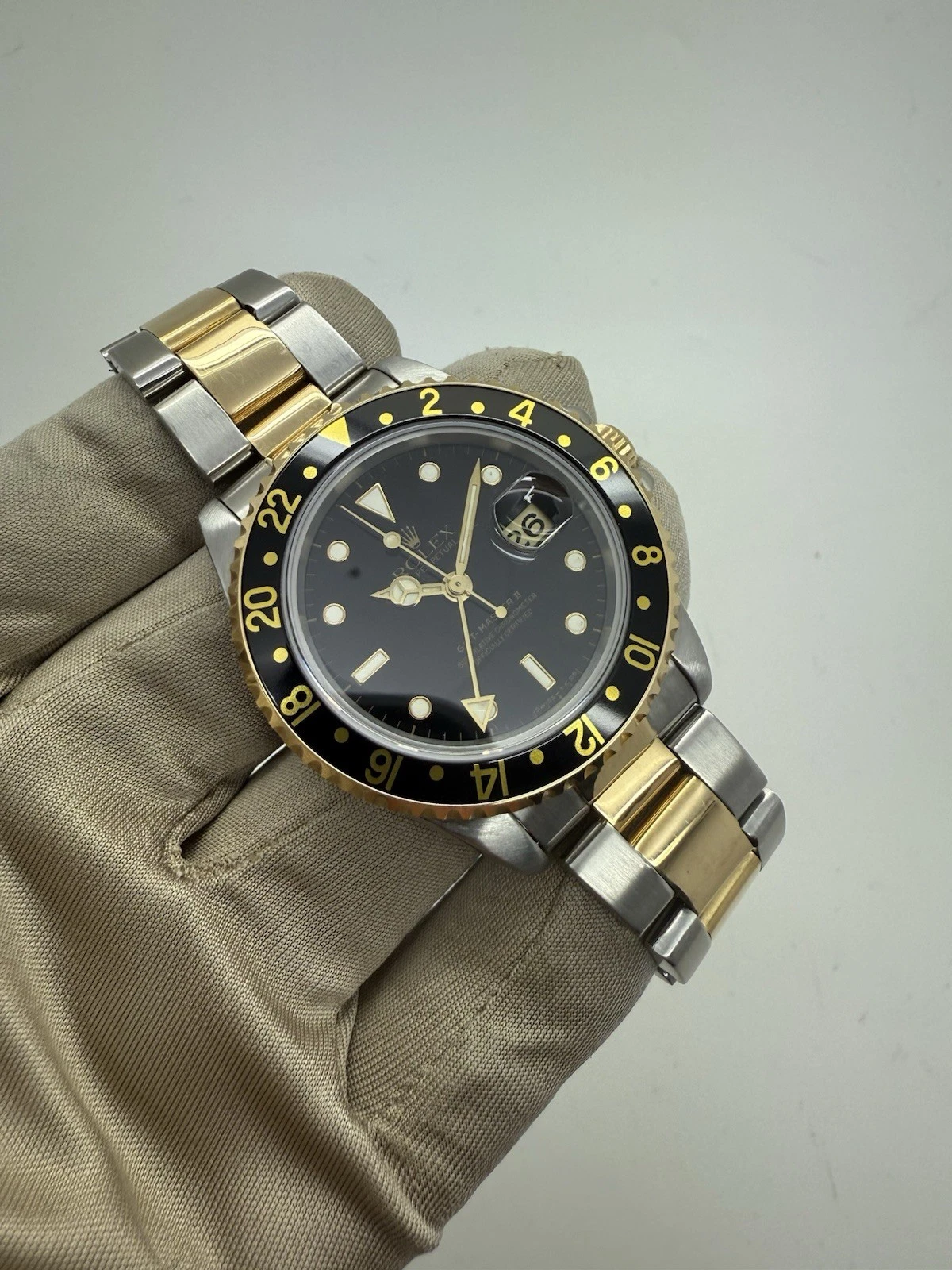 1993 Rolex GMT Master II Black Steel Gold Automatic 40mm Watch 16713 B+P Papers